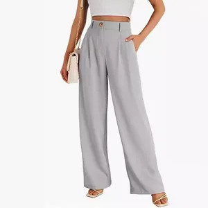 Damespantalon met hoge taille en wijde pijpen in lichtgrijs zakelijk casual