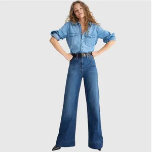 Stylish high-waisted wide-leg denim jeans for women shown in a clean full body studio shot