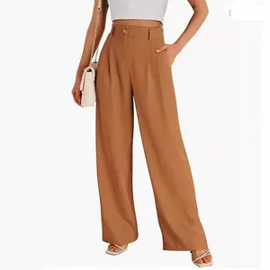 Bruine nette pantalon met hoge taille en wijde pijpen voor dames, zakelijk casual