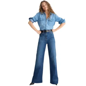 Premium high-waisted wide-leg denim jeans for women in a classic dark blue wash
