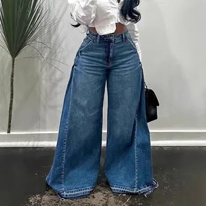 Women's Retro High Waisted Wide Leg Flare Jeans Patchwork Water Washed Denim Pants Streetwear Raw Hem Fringe Long Trousers