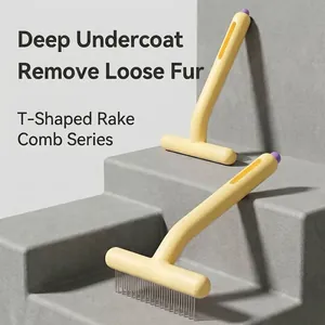 Professional T-shaped pet undercoat rake comb for cats and dogs with metal teeth