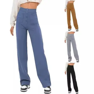 Pantalon décontracté taille haute pour femmes à jambe droite avec boutons et poches
