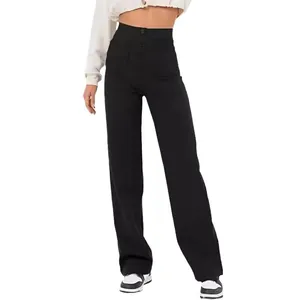 Pantalon décontracté noir à taille haute pour femmes avec boutons et plusieurs poches