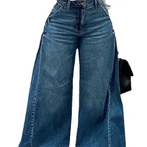 High-waisted wide-leg flared denim jeans with paneling details in dark blue wash