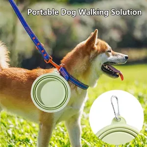 Portable green collapsible pet bowl with metal carabiner clip for outdoor dog walking