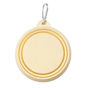 Portable collapsible silicone dog bowl in cream yellow with metal carabiner