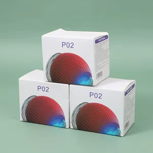 Detail view of the white packaging for the P02 interactive LED pet toy ball model.