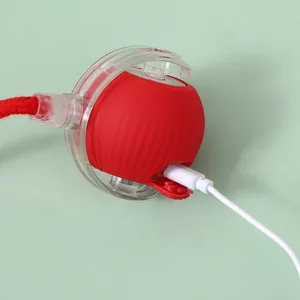 Macro detail of the USB charging port on the red silicone interactive pet toy ball