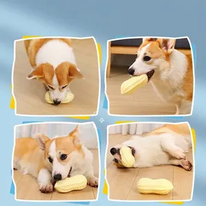 Peanut-shaped squeaky dog toy for chewing and interactive play in a home setting
