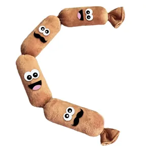 Fun sausage string plush dog toy with cute cartoon faces for pet chewing and playing.