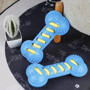 Détail du jouet à mâcher durable pour chien en forme d'os bleu et jaune à picots