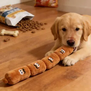 Gioco di peluche a forma di salsiccia sonora con ricami carini per cani e gatti