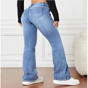 High waisted light blue flare jeans for women with a slimming bootcut fit and wash finish.