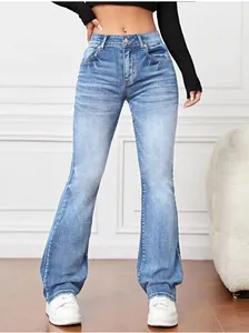 High-waisted flared blue denim jeans for women with a stylish vintage wash finish.