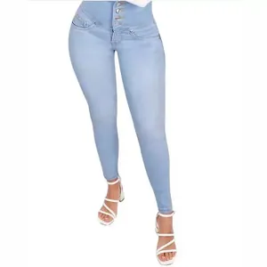 Modieuze lichtblauwe skinny jeans met hoge taille en extra push-up effect voor dames
