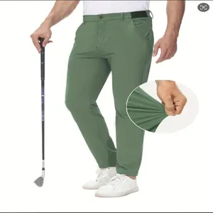 Vista detallada de pantalones de golf verde oliva para hombre con alta elasticidad