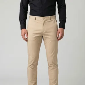 Close-up detail of men's slim fit khaki business trousers in high stretch cotton fabric