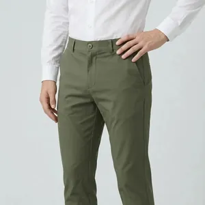 Close-up of olive green slim fit business casual trousers for men with high stretch fabric