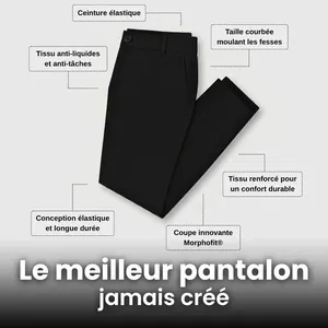 Detailed view of men's black high elastic pants with technical feature callouts
