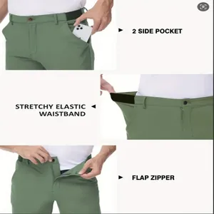 Detalles del pantalón de golf verde para hombre con bolsillos, cintura elástica y cremallera