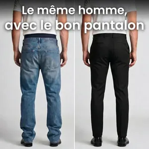 Comparison of slim black business trousers vs loose jeans on a man's back view.