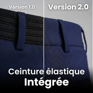 Detail of men's navy trousers showing the integrated elastic waistband upgrade.