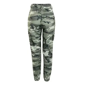 Back view of women's camouflage print cargo pants with elastic waist and side pockets