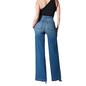 Retro fleece-lined high-waisted wide-leg jeans with four-way stretch for sleek fit
