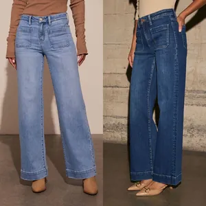 Vaqueros Retro Azules de Cintura Alta y Pernera Ancha Recta para Mujer Mezcla Algodón Poliéster Pantalón Denim Primavera