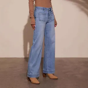 Vaqueros de mezclilla azul retro de cintura alta y pierna ancha para mujer
