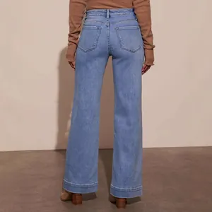 Elegantes vaqueros de pierna ancha y cintura alta para mujer en azul claro, vista trasera