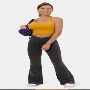 High-stretch dark grey flare jeans for women, comfortable yoga style workout pants.