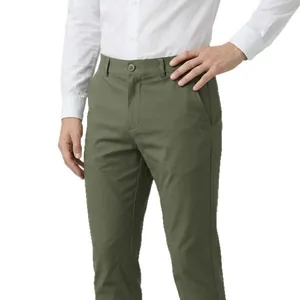 Men's high-stretch olive green business casual cotton trousers with a slim fit profile