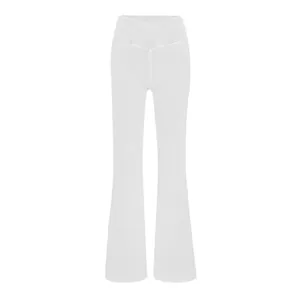 Front view of high-waisted white flared yoga pants featuring unique crossover waist design