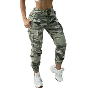 Women's high waist camouflage print cargo pants featuring functional pockets and drawstring