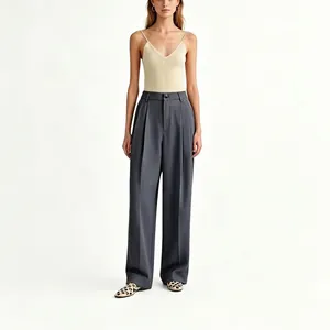 Minimalistische graue Business-Hose mit hohem Bund und weitem Bein für Damen im Büro