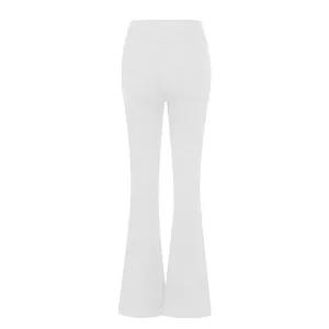 Back view detail of high elasticity white flared denim pants showing pocket design