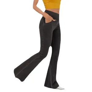 High elasticity dark grey flared denim pants for women in a professional slim fit style