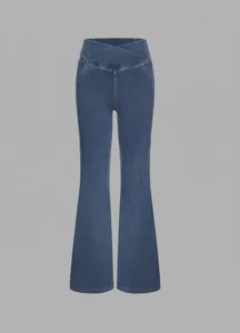 High stretch denim flare pants featuring unique cross high waist in dark blue