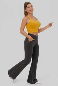 High elastic black denim flare pants for women showing slim fit design