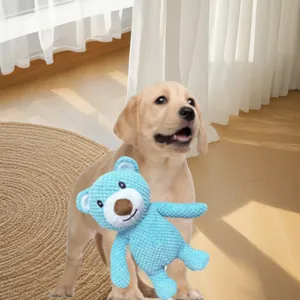 Durable blue corn fleece bear plush dog toy for aggressive chewers and squeaky play