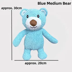 A detailed view of blue corn fleece squeaky bear dog toy measuring 30cm by 20cm
