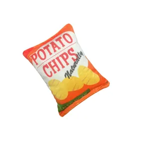 Plush potato chip bag dog squeaky toy with realistic crinkle paper and squeaker.