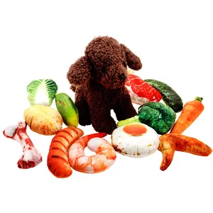 Detailansicht verschiedener realistischer Plüsch-Quietschspielzeuge für Hunde.