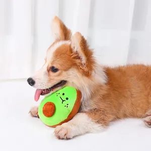 Λεπτομερής άποψη ενός σκύλου Corgi που δαγκώνει ένα βελούδινο παιχνίδι αβοκάντο