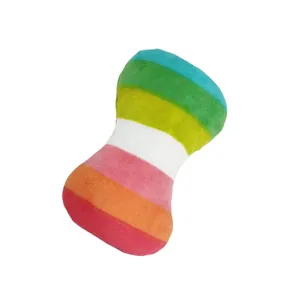 Soft colorful rainbow striped plush bone-shaped squeaky toy for dogs and cats play