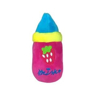 Giocattolo sonoro in peluche a forma di biberon per cani e gatti con ricamo a fragola