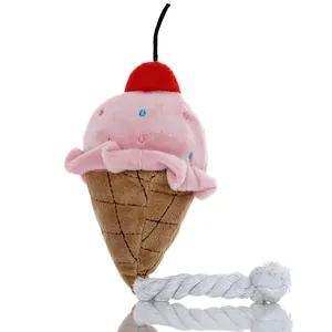 Quietschendes Plüsch-Eiscreme-Hundespielzeug mit Baumwollseil zur Zahnpflege und Kauen