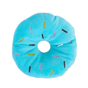 Jouet couineur en peluche bleue en forme de donut pour chiens et chats avec broderie